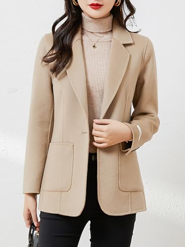 ebossy Women's Wool Pea Coat Notched Lapel 1-Button Business Office Blazer Jacket Elegant Short Coat with Pockets2