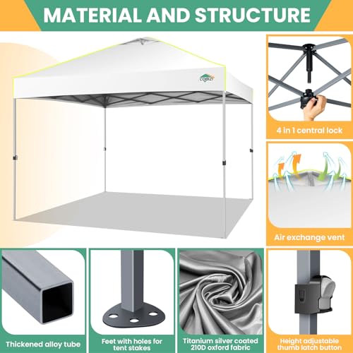 Image of COBIZI 10x10 Pop Up Canopy Tent, Outdoor Party Tent Without Sidewall One Push Setup Glow, 3 Adjustable Height Air Vent Waterproof UPF50+, Bag, 4 Sandbag, 8 Stake, 4 Rope for Beach, Commercial