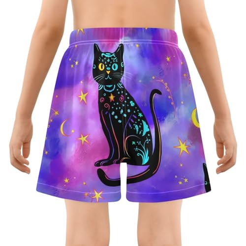 Boy Swim Trunks with Compression Liner Black Cats Stars Boys Swim Shorts Quick Dry Beach Shorts3