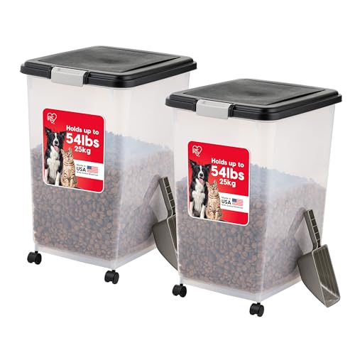IRIS USA Airtight Dog Food Storage Container, Up to 54 lbs, Attachable Wheels, For Dog Cat Bird and Other Pet Food Storage Bin, Keep Fresh, Translucent Body, Easy Mobility, 2 Pack, Black