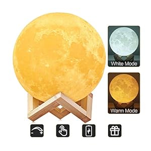 AGM 3D Moon Lamp 15CM 2 Colori, Lampada Touch Ricaricabile USB Luce Notturna Sensibile con Supporto in Legno per Camera da Letto di Natale