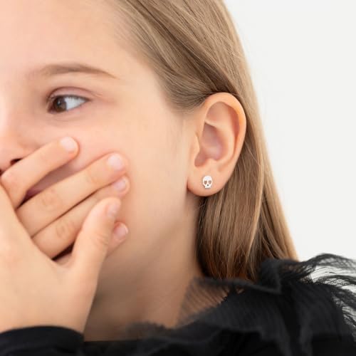 925 Sterling Silver Heart Eye Skull Safety Screw Back Earrings For Little Girls & Preteens - Adorable Children's Halloween Earrings - Tiny Polished Skull Earrings For Young Girls3