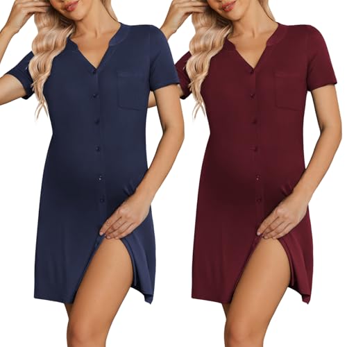 Image of Ekouaer 2 Pack Labor/Delivery/Hospital Gown 3 in 1 Maternity Dress V Neck Nursing Nightgown Postpartum Pajamas with Button