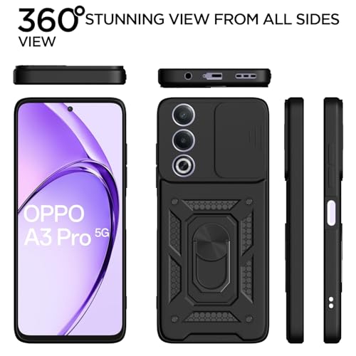 Image of Pikkme Back Cover for Oppo A3 Pro 5G | 360 Protection Case | Sliding Camera Shield Cover & Ring Holder Stand D10 Tough Armor Bumper Case (Black)