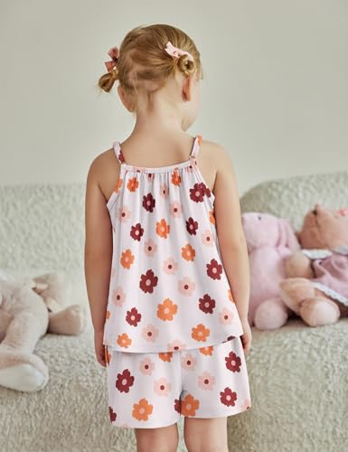 Image of Arshiner Toddler Girl Clothes 2 Piece A-Line Spaghetti Strap Top and Short Sets Cute Summer Outfits Pink Orange Flower 4-5T