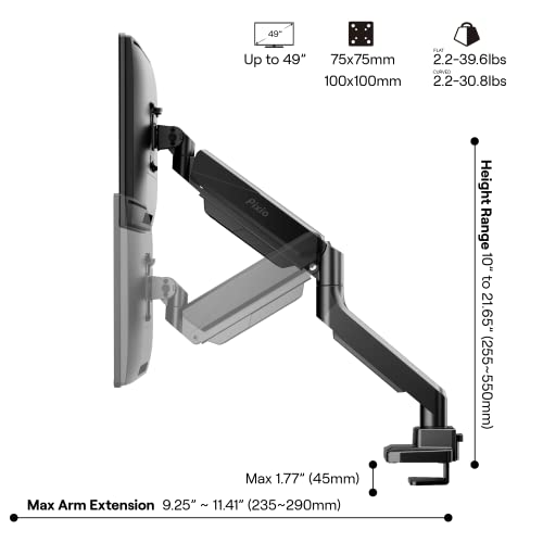 Image of Pixio PS2S Ultrawide Heavy-Duty Premium Single Monitor Arm Stand Desk Mount - Fits up to 49 inches Monitors, Weights up to 39lbs Flat / 31lbs Curved, Compatible with VESA 75x75mm 100x100mm