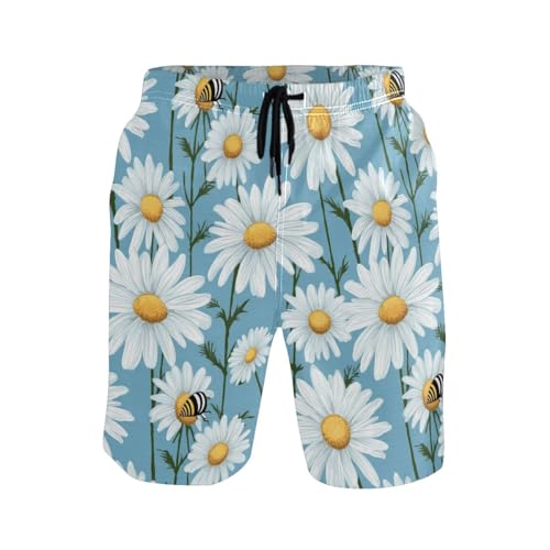 Men's Fashion Swim Trunks Cute Bees White Daisy Flowers Men's Board Shorts Swimming Trunks for Men with Pockets, L