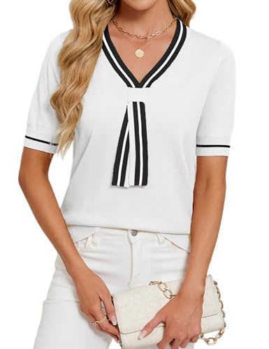 Image of Libsorge Womens Lightweight Cute Bow Tie Sweater Spring 2026 Business Casual Outfits V Neck Short Sleeve Tops