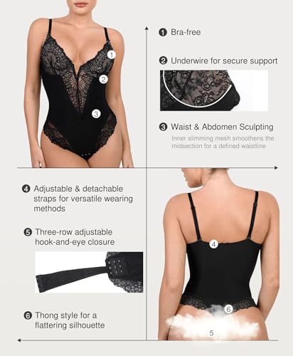 Popilush Shapewear Bodysuits for Women Lace Corset Tops Tummy Control V Neck Sleeveless Body Suit Thongs3