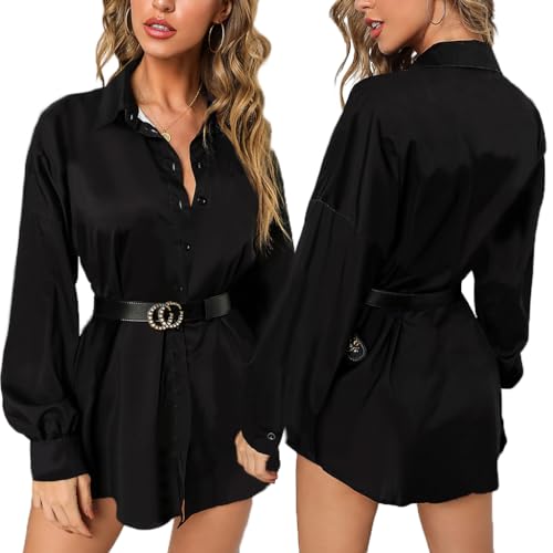 Image of Glozeplus Long Sleeve Button Down Collar Mini Shirt Dress for Women | Trendy script print shirt dress.The button-down front and collared V-neck create a chic.Perfect for office or casual dates.