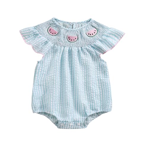 Smocked Baby Girl Clothes Watermelon Fruit Stripe Print Puff Sleeve Bubble Romper Frill Trim Ruffle Bodysuit Clothes (Sky Blue, 6-12 Months)