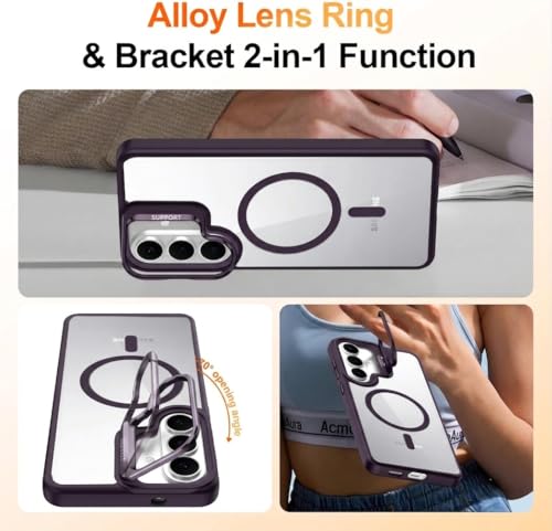 Image of VONZEE Compatible for Samsung S26 5G Case, Compatible with MagSafe, Military-Grade Protective Case, Built-in Stash Stand Phone Case, Scratch-Resistant Back Cover, | Clear Deep Purple
