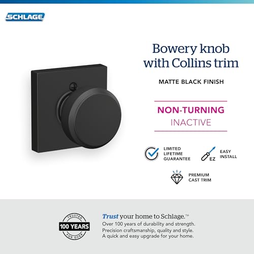 Image of Schlage F170 BWE 622 COL Bowery Knob with Collins Trim Non-Turning Dummy Door Handle, Matte Black