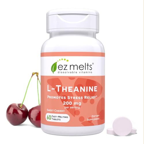 EZ Melts L-Theanine 200 mg - Stress & Relaxation Support Supplement - No Artificial Flavors - No Drowsiness - Non-GMO & Vegan - Sweet Cherry - 60 Dissolvable Tablets (30 Servings)