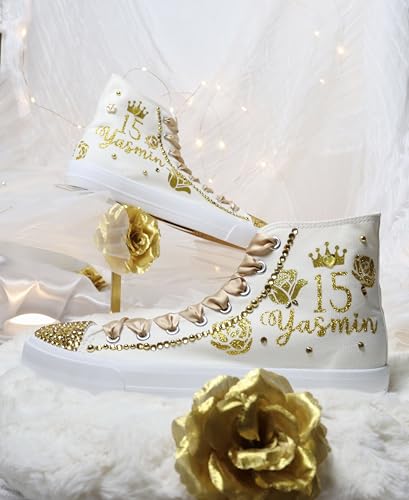 Flowers Quinceañera Party Shoes Sneakers for Girl Personalized Tennis Gift Mis XV Bling Zapatillas Decor Letter Shoes (7, Gold)2