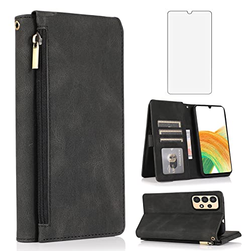 Compatible avec Samsung Galaxy A33 5G 2022,Étui portefeuille en verre trempé,Protection d'écran en cuir,Fermeture éclair,Porte-cartes,Accessoires pour...