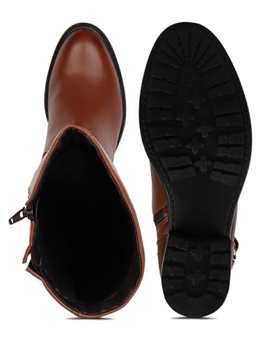 Image of ELLE Women Tan Brown Solid High-Top Block Heel Regular Boots