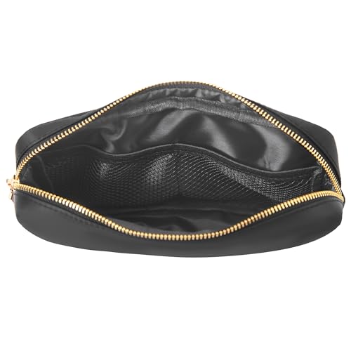 BLOC-Bags-Travel-Makeup-Bag-Cosmetic-Bags-for-Women-Medium-Cute-Toiletry-Bag-Make-up-Bag-Beauty-Bag-with-Chenille-Patch-and-Top-Zipper-Inside-Zipper-Pouch-and-Mesh-Pockets-Black-Star-Black