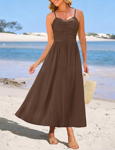 Image of Annebouti Women 2026 Summer Spring Ruched Maxi Dress Adjustable Spaghetti Strap Floral Beach Long Sundress with Pockets