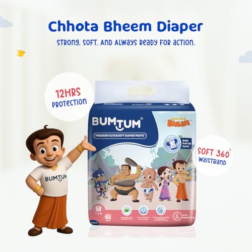 Image of Bumtum Chota Bheem Medium Baby Diaper Pants, 64 Count, Leakage Protection Infused With Aloe Vera, Cottony Soft High Absorb Technology (Pack of 2)
