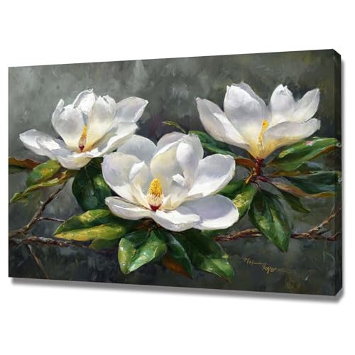 Affiche de Décoration Murale Botanique avec Cadre ZAMAEIU Trois Magnolias Blancs Style Rétro Toile