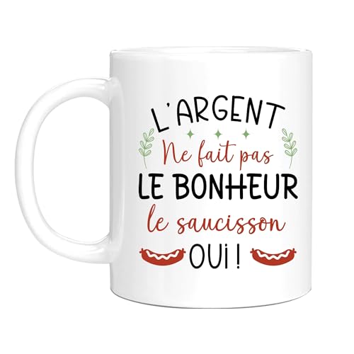 HALUMI Mug Humour Message - Tasse Originale Rigolo L'argent Ne Fait Pas Le Bonheur Le Saucisson Oui - Idée Cadeau Drôle Pour Homme Femme Couple Ami Collègue Noël - Mug Ceramique Bicolore 330ml 440ml