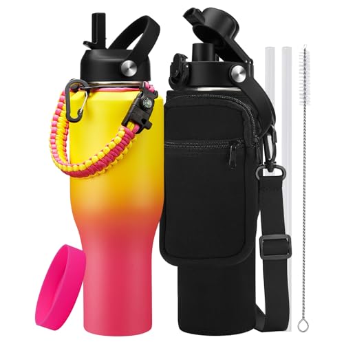 32/40 oz Water Bottle with Straw & Spout Lid, Paracord Handle, Carrier Bag