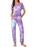 Ekouaer Womens Pajama Sets Short Sleeve Lounge Sets for Women Printed Jogger Pajama Set 2 Piece Pj Sets Purple Tie-Dye M