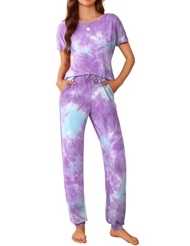 Image of Ekouaer Womens Pajama Sets Short Sleeve Lounge Sets for Women Printed Jogger Pajama Set 2 Piece Pj Sets With Pockets S-XXL