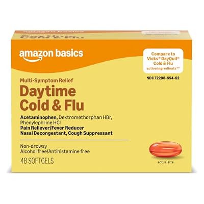 Amazon Basic Care Daytime Cold & Flu Liquid Caps; Cold Care for Daytime Cold and Flu, Orange, 48 Count (Pack of 1)