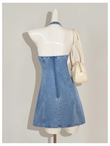 WDIRARA Women's Bow Halter Mini Jean Dress Lace Trim Sleeveless Backless Denim Dresses3