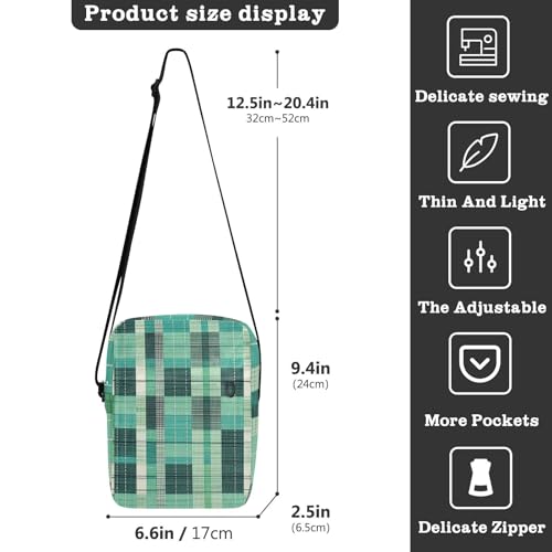 messenger bag for women men shoulder bag Everyday Purses Adjustable Strap for Travel Travel- Herringbone Checked Turquoise Green3