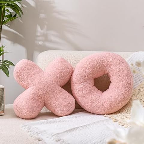 FairDeco XO Pillow Plush, Pink Throw Pillows Valentine's Day Decorative Hugs and Kisses, Cute Pillows Romantic Home Décor for Sofa, Bedroom, Living Room 12.5x12.5 Inch Set of 2 Cover