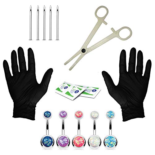 BodyJ4You 15PC PRO Body Piercing Kit Steel 14G Double Created-Opal Belly Navel Ring Banana Bar Jewelry