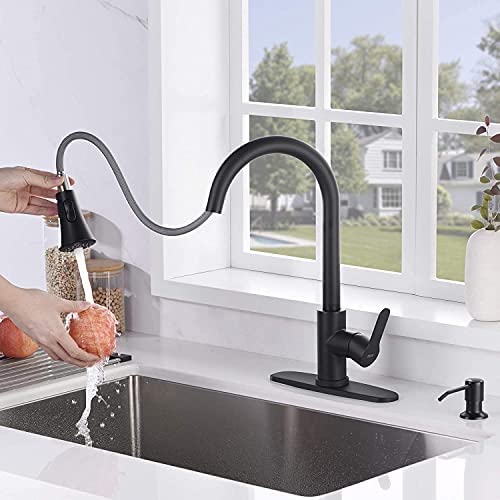 Amazing Force Pull Down Kitchen Faucet With Soap Dispenser Black Kitchen Sink Faucet With Spray Single Handle Kitchen Faucet Utility Sink Matte Black #TOP4