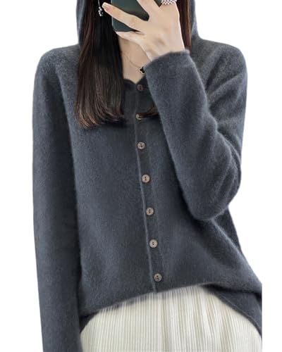 Image of Cashmere Sweaters for Women Button Down V Neck Hooded Cardigan Casual Loose Long Sleeve Soft Knit Pullover Tops