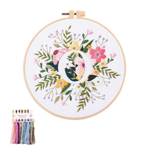 Image of artcici Embroidery Kits Plant Flower Leaf English Letter Patterns for Beginners Adults, Full Range Embroidery Starter Kits Cross Stitch Needlework Supplies (Letter O)
