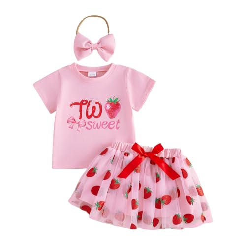 Image of MAHUAOYIXI 3Pcs Baby Girl 2nd Birthday Outfits Strawberry Letter Print Short Sleeve Tops T-shirt Shirts + A-Line Layered Tulle Tutu Skirts Mesh Princess Dress + Bow Headband (Pink, 2-3 Years)