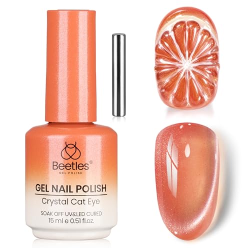 Beetles Orange Cat Eye Gel Nail Polish - 15ML Orange Soda Summer Cat Eye Glitter Magnetic Gel Polish Shimmer Effect Soak Off UV French Nail Art Design Salon DIY Manicure Gifts for Women