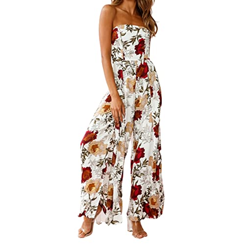 Mdrcg Combinaison De Combinaison sans Épaule Féminine, Ouvri De Combinaison De Panseau De Jambe Large Imprimé À La Jambe Imprimée Vintage,Blanc,M Cover