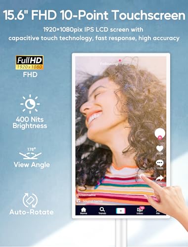 Image of 15.6 inch Digital Signage with 10000mAh Battery, Capacitive Touchscreen Advertising Display, Adjustable Stand, Android 13 Commercial LCD Monitor with Auto Play, Wireless Screen Mirroring, 4+64GB, White