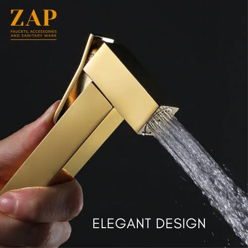 Image of ZAP Cube Series Gold Plated Brass Health Faucet with Stand & Hose Pipe | Premium Jet Spray for Toilets | Hand Spray Set | Health Faucet Bidet Set (Gold Plated)
