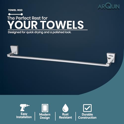 Image of ARQUIN ARQUIN Round 304 Stainless Steel 24 Inch Towel Rod | Towel Rack for Bathroom | Towel Bar Hanger Stand | Bathroom Accessories Set | Silver with Chrome Finish | 15 kg Load Capacity Selvi