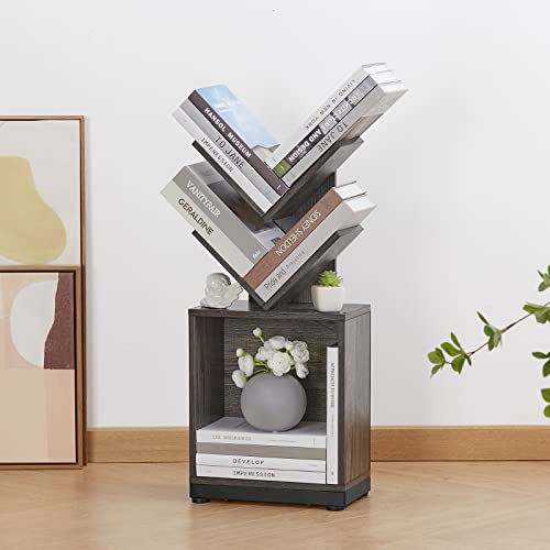 Ruboka 2-Shelf Tree Bookshelf With Storage, 26.5-Inch Retro Floor Standing Bookcase Display For Cds/Magazine/Books, Small Bookshelf For Bedroom, Living Room, Office, Gray Storage Shelves Desk52B #TOP5