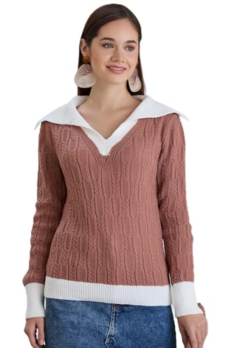 Image of Sweaters for Women Fashion Long Sleeve Lapel Collar V Neck Casual Knit Color Block Pullover Sweater