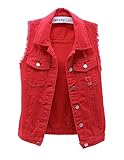 COWOKA Women's Casual Denim Waistcoat Slim Fit Frayed Sleeveless Jacket Ripped Tops with Pockets Red S