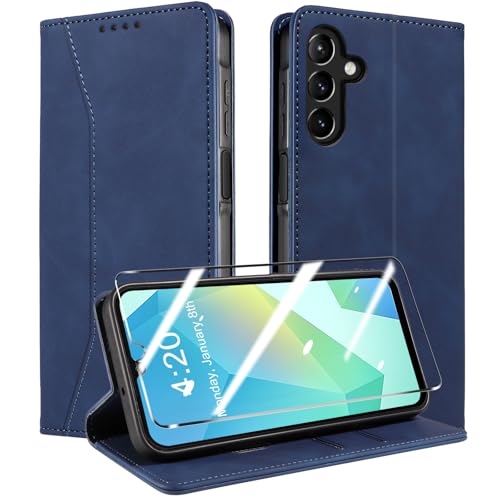 QHOHQ Handyhülle für Samsung Galaxy A16 4G / A16 5G / A26 5G Hülle mit Panzer Glas, Premium Leder Schutzhülle, [RFID Blockierung], Magnet Klappbar Flip Case Tasche, Multifunktional, Stoßfest-Tiefblau