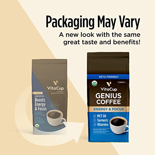 Vitacup 0850012316275 Organic Genius Ground Keto Coffee, Increase Energy & Focus W/Mct Oil, Turmeric, B Vitamins, D3, Usda Organic Ground Coffee Medium Dark Roast thumb #5