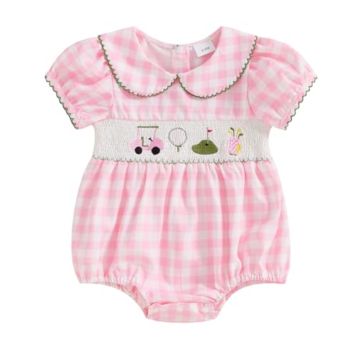 MERSARIPHY Newborn Baby Girl Golf Outfit Bubble Smocked Bubble Romper Short Sleeve Plaid Bodysuit Jumpsuit Summer Clothes
