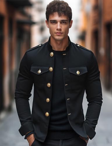 Men's Vintage Cotton Lapel Jacket Casual Solid Stand Collar Button Blazer for Business Casual Fall (S-3XL)2